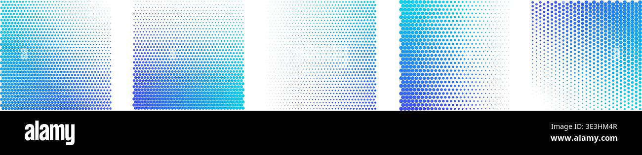 Dotted blue gradient halftone textures set. Abstract vector retro backgrounds for posters, banners, collages Stock Vector