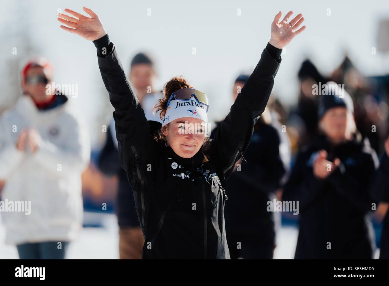 Oslo, Norway, IBU Biathlon World Cup Oslo, Womens Pursuit, Lou Jeanmonnot (FRA) celebration of her overall World Cup win during the podium ceremony Stock Photo
