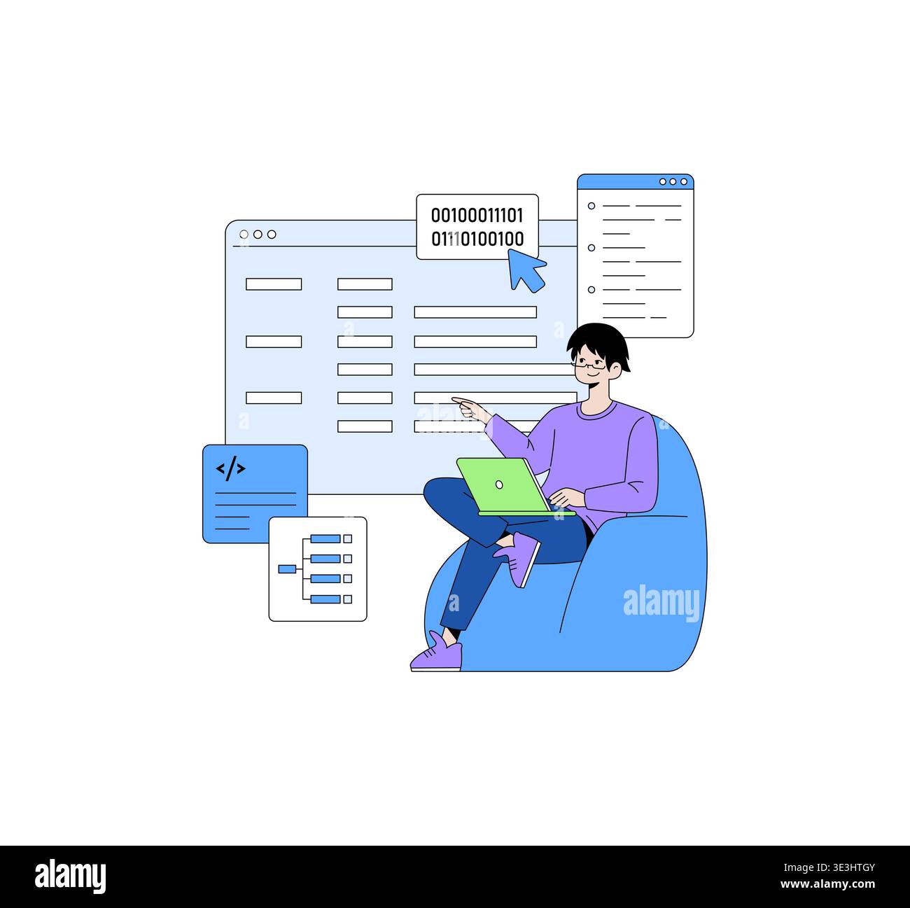 Vector illustration of a programmer sitting on a chair with a laptop, analyzing binary code on a large screen. Includes coding elements and digital interface icons. Stock Vector