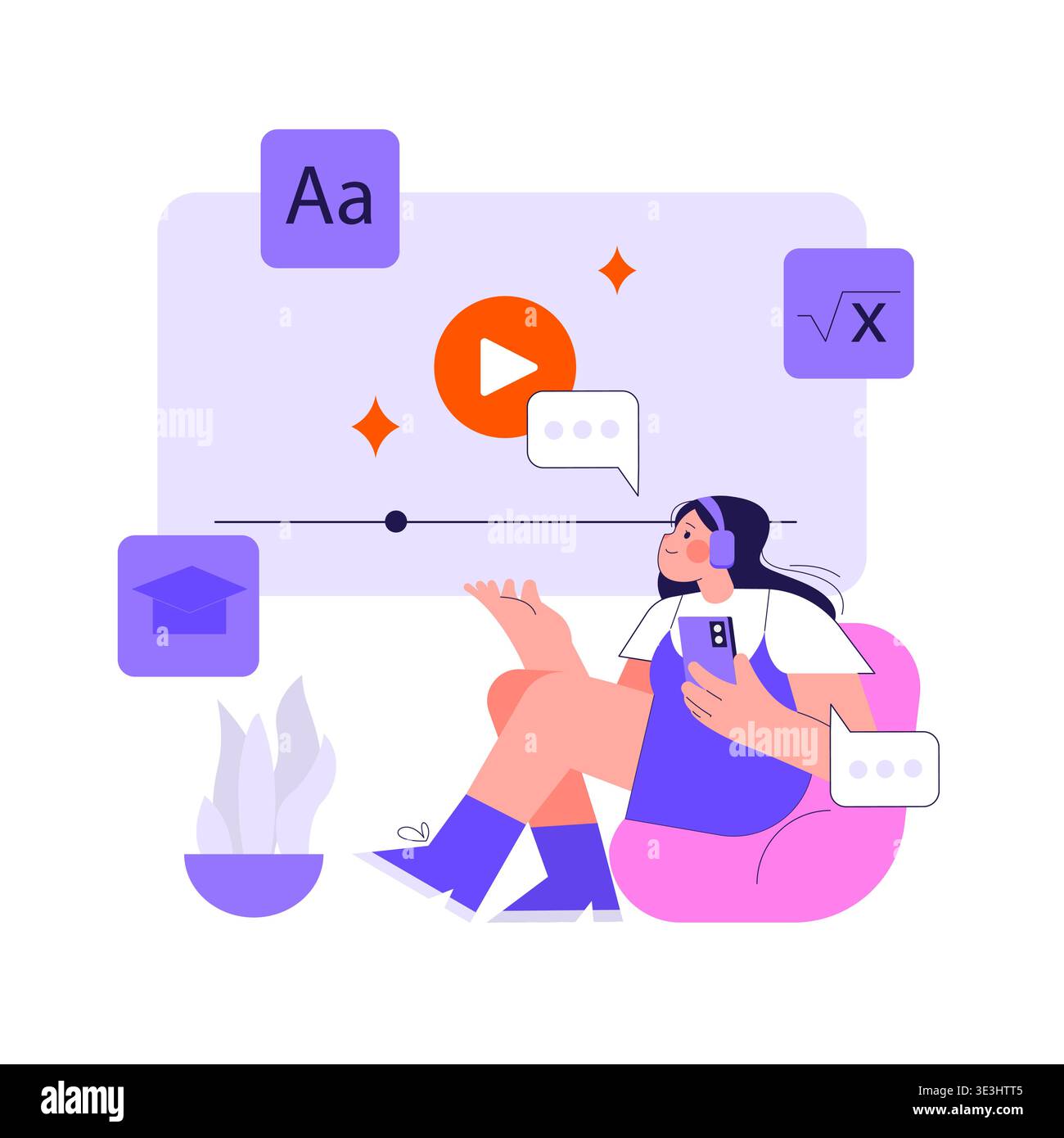 Vector illustration showcasing a person engaged in online learning using interactive technology. Elements include play button, chat bubbles, and educational icons representing virtual education. Stock Vector
