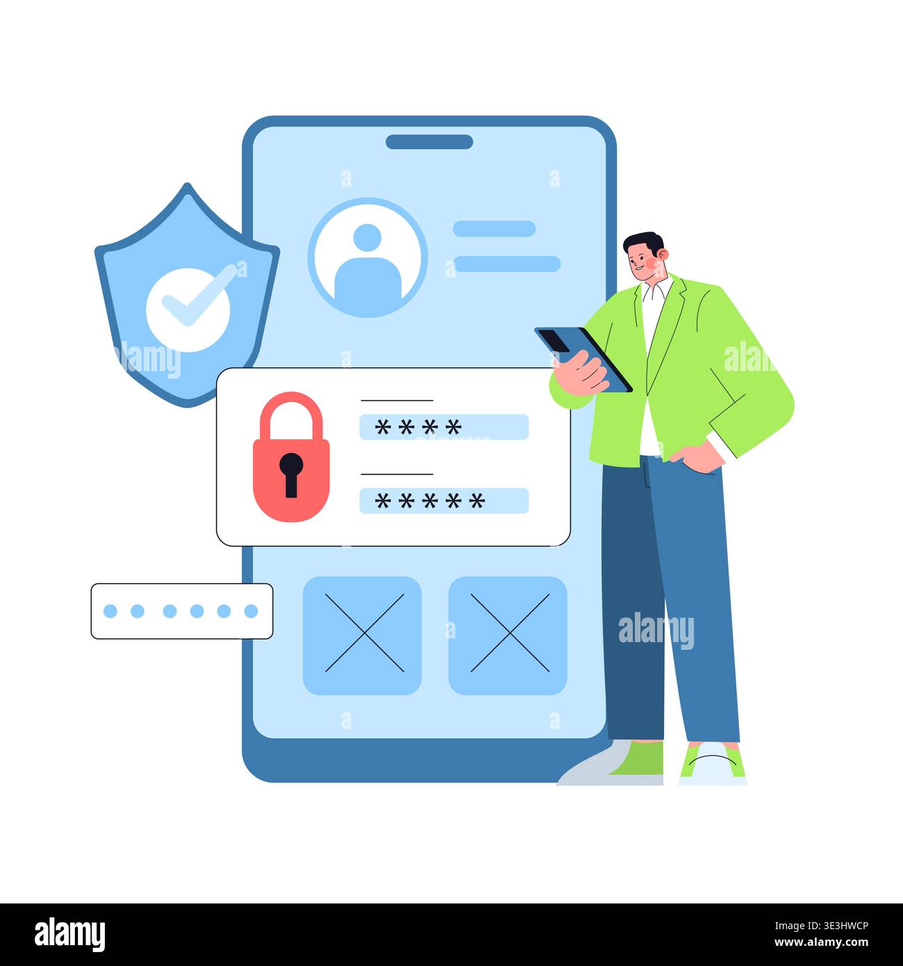Vector illustration depicts a person interacting with a secure login interface on a smartphone. Features include password fields, a lock icon, and a security shield. Ideal for cybersecurity themes. Stock Vector