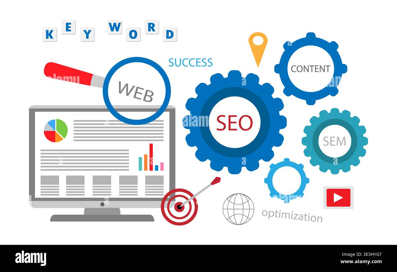Seo marketing campaign,SEM, Business Search engine optimization. Internet Marketing search flat vector with icons and texts Stock Vector