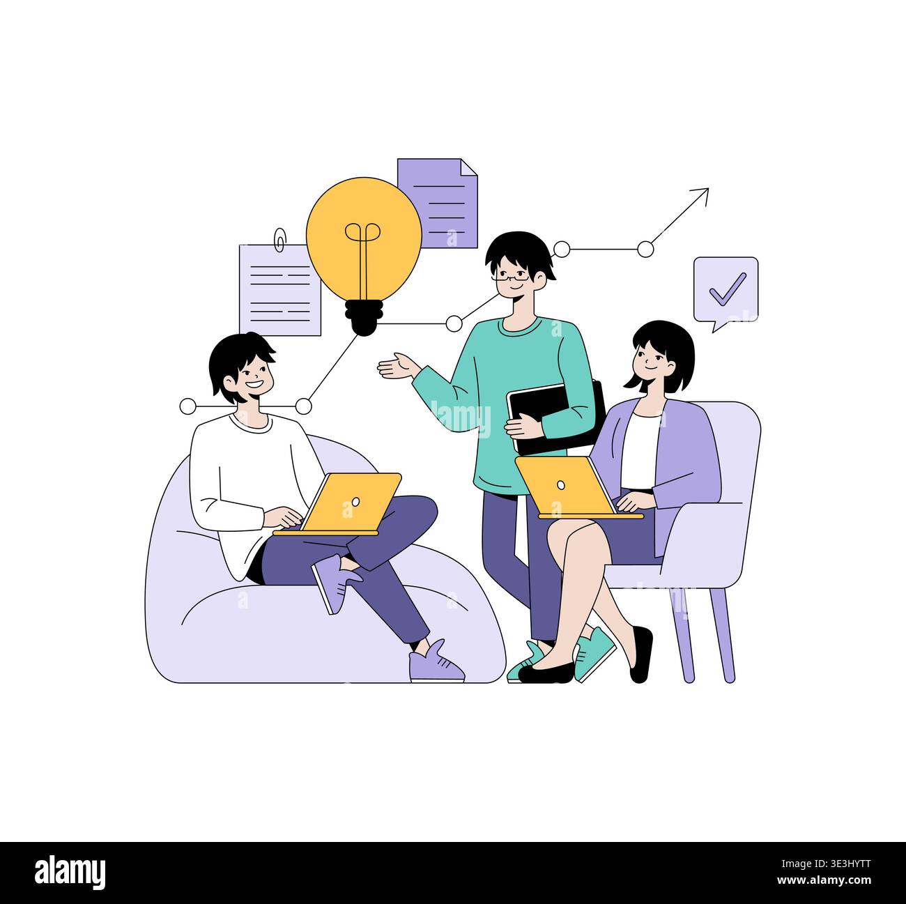 Vector illustration of three people collaborating on business ideas with laptops and devices. They are engaged in a creative discussion, depicting teamwork, innovation, and productivity. Stock Vector