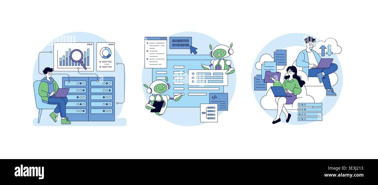 People and AI robots collaborate on data analysis using laptops and cloud technology. Charts, binary codes, and server illustrations highlight advanced digital tools and teamwork. Stock Vector
