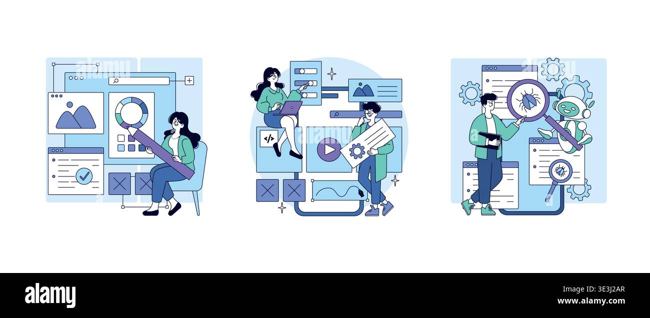 Vector illustration depicting people actively engaged in the UX design process, reviewing interface elements, collaborating on digital projects, and analyzing data with focus and creativity. Stock Vector