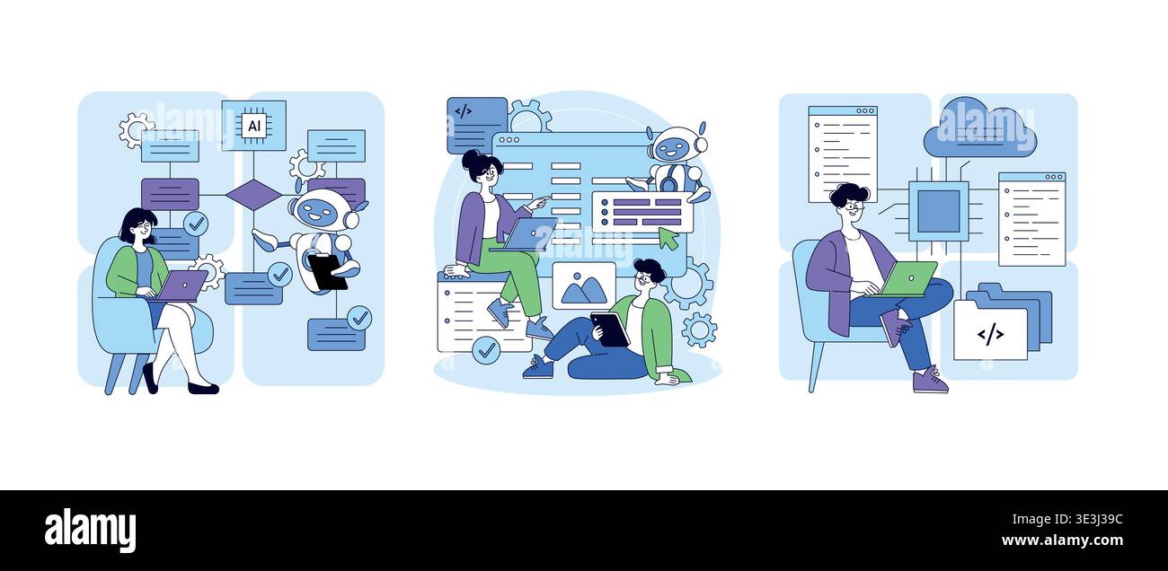 Vector illustration showing a team working with AI-driven tools. They engage in coding, planning, and data analysis, emphasizing technology integration and collaborative workflow. Stock Vector