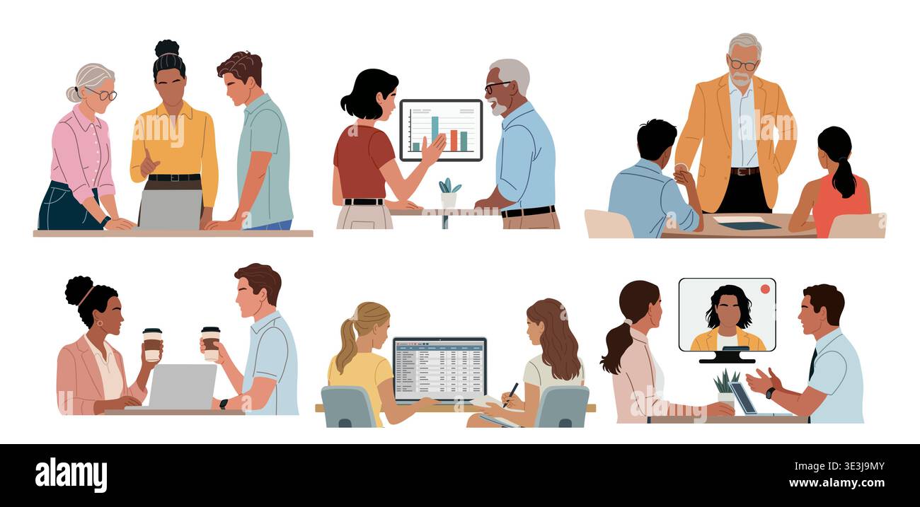 Set diverse professionals working in modern office Stock Vector