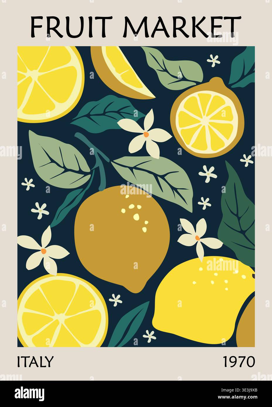 Abstract Fruit Market Italy retro poster of lemons Stock Vector