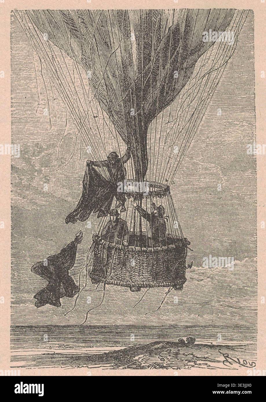 Vintage illustration of people in a hot air balloon basket over the sea ...