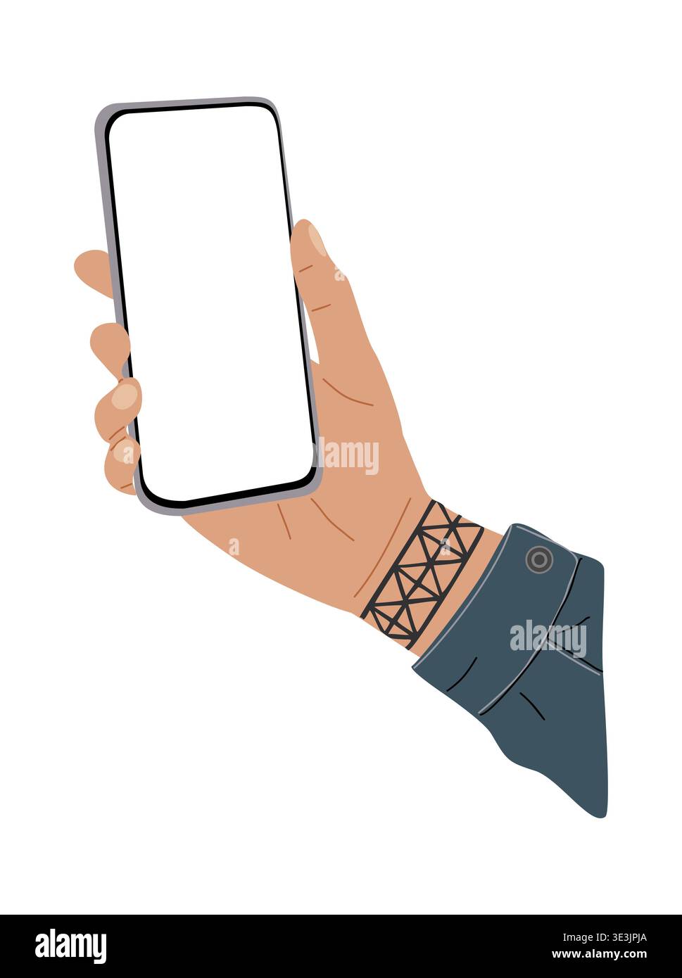 Tattooed hand holding smartphone with blank screen Stock Vector