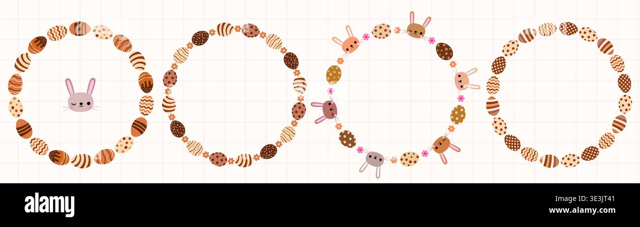 Cute chocolate eggs vector borders with bunny faces and flowers, round spring frames for package design Stock Vector