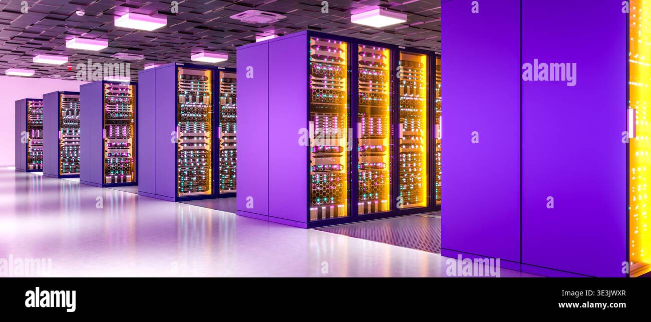 Data center racks with glowing lights 3d Stock Photo