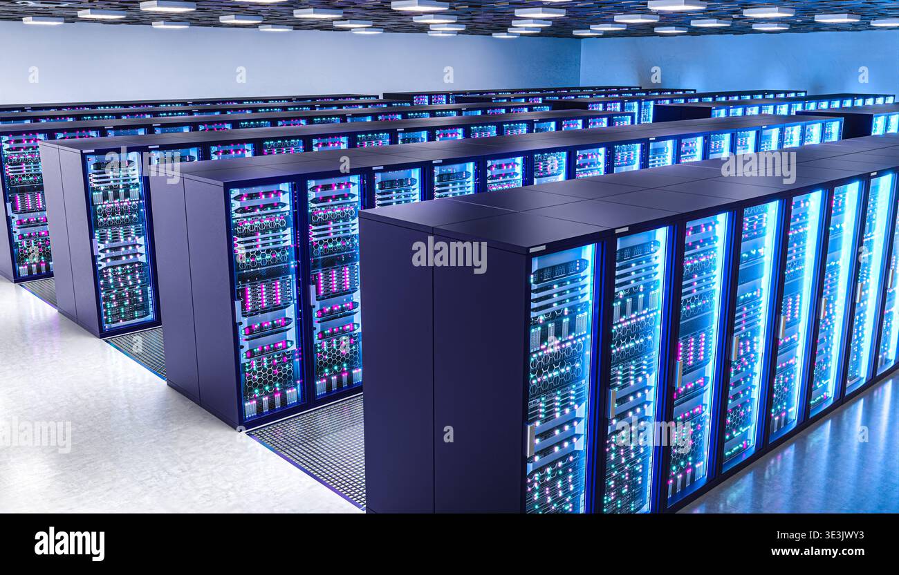 Server racks with blinking lights 3d data center room Stock Photo