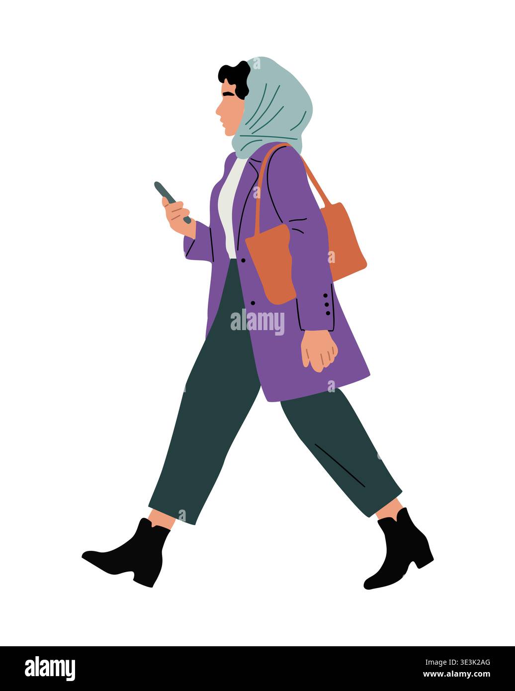 Woman in hijab walking and looking at smartphone Stock Vector