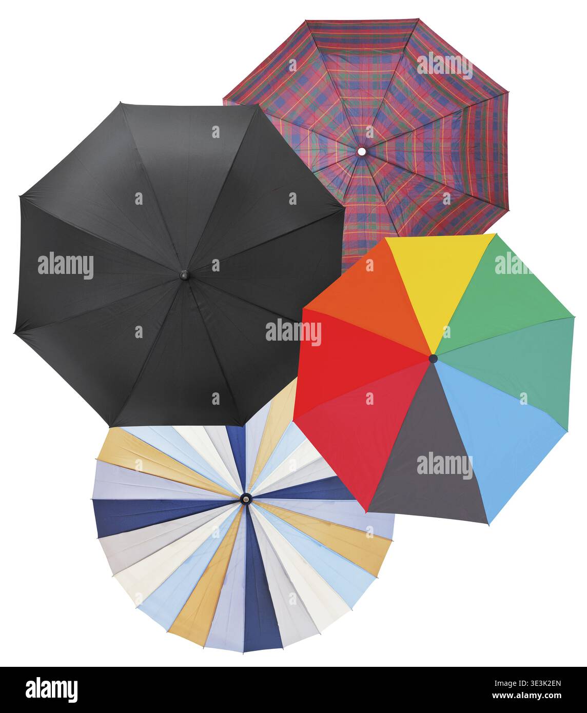 Four different open umbrellas against a white background Stock Photo