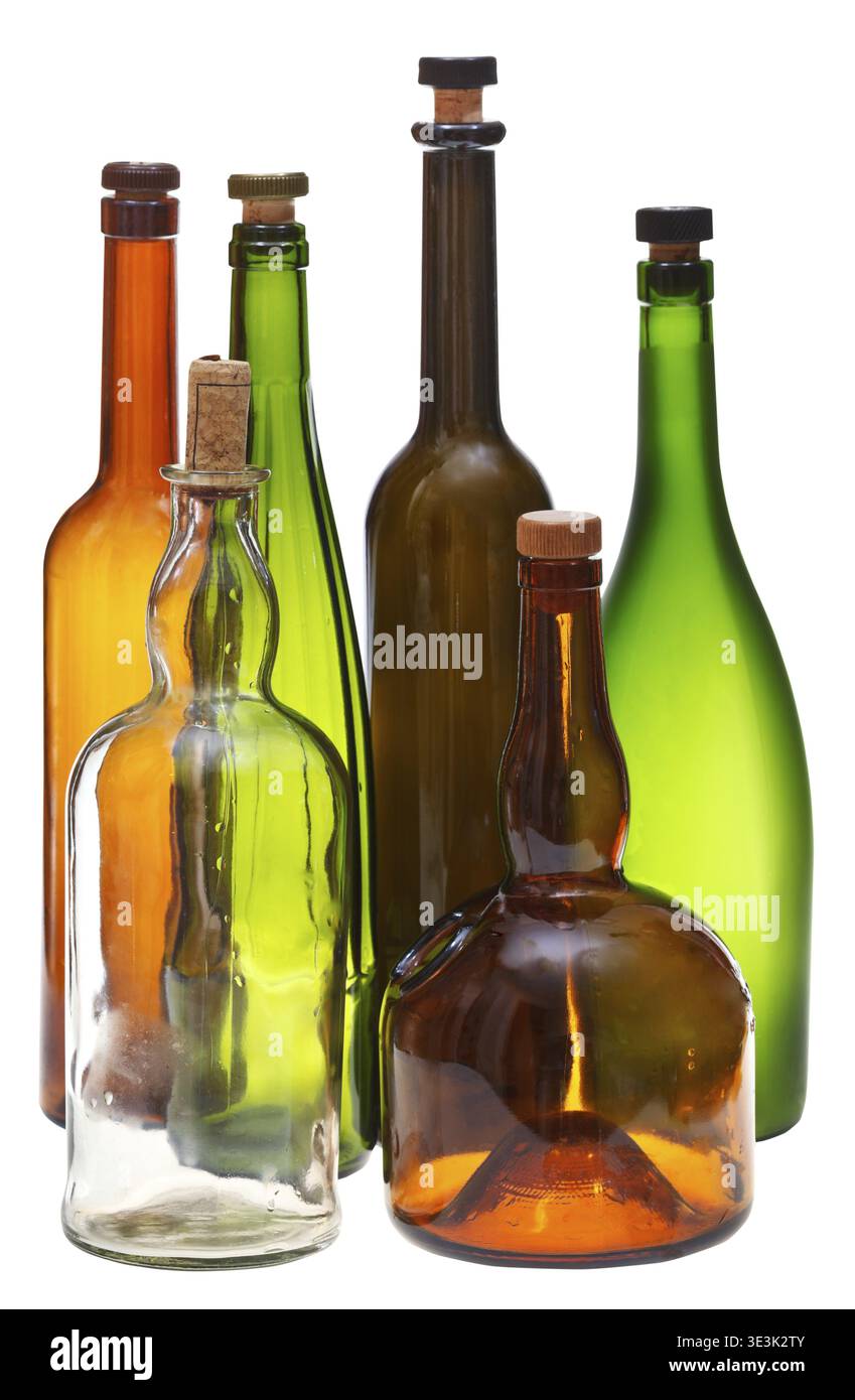 Empty closed wine bottles against white background Stock Photo