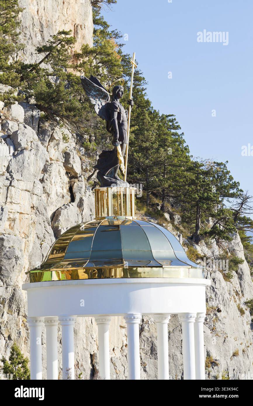 Statue of Saint Archangel Michael on a pavilion near Ai Nikola Mountain in Oreanda district on the south coast of Crimea Stock Photo