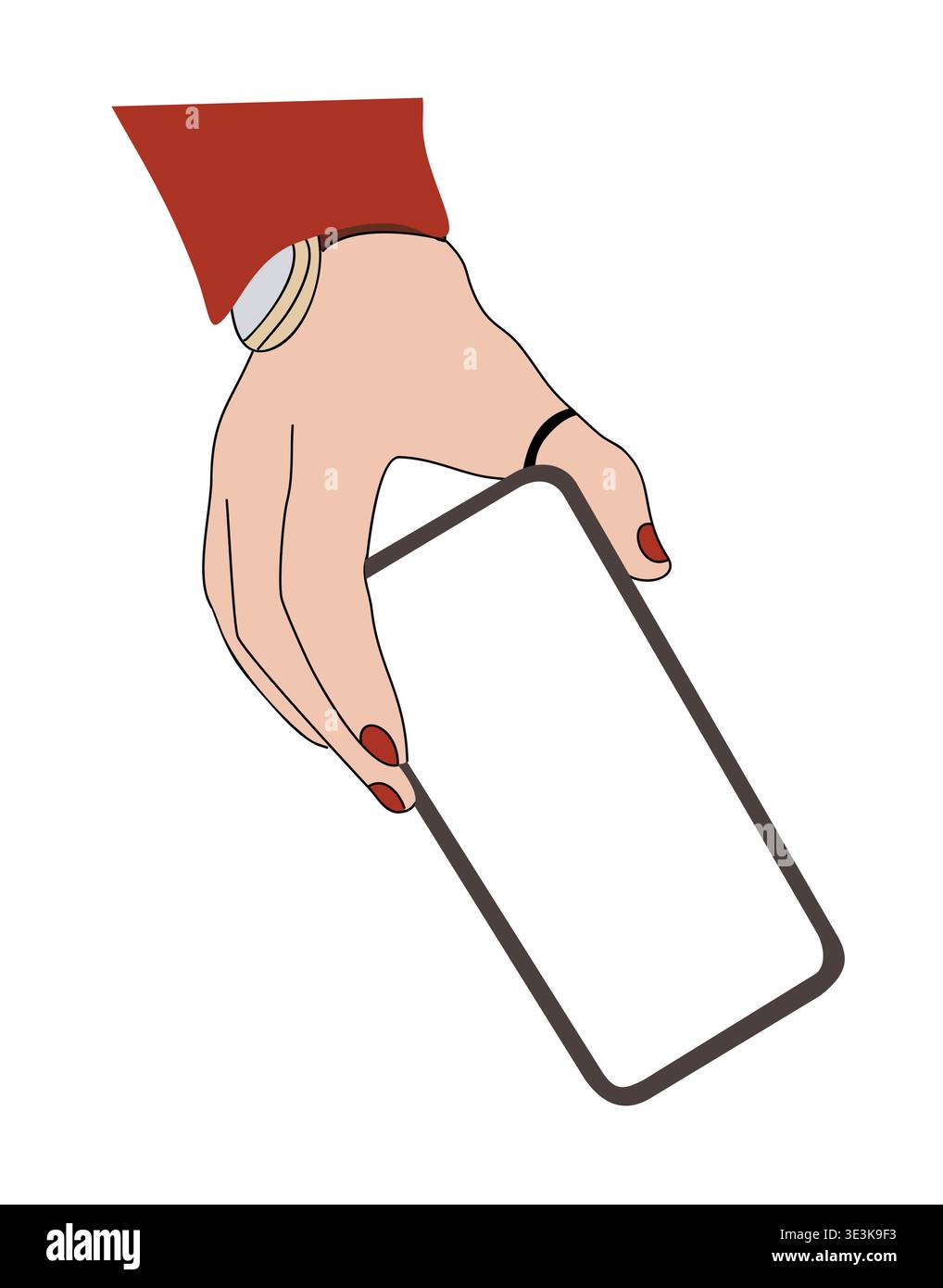 Hand holding a smartphone with red nails Stock Vector