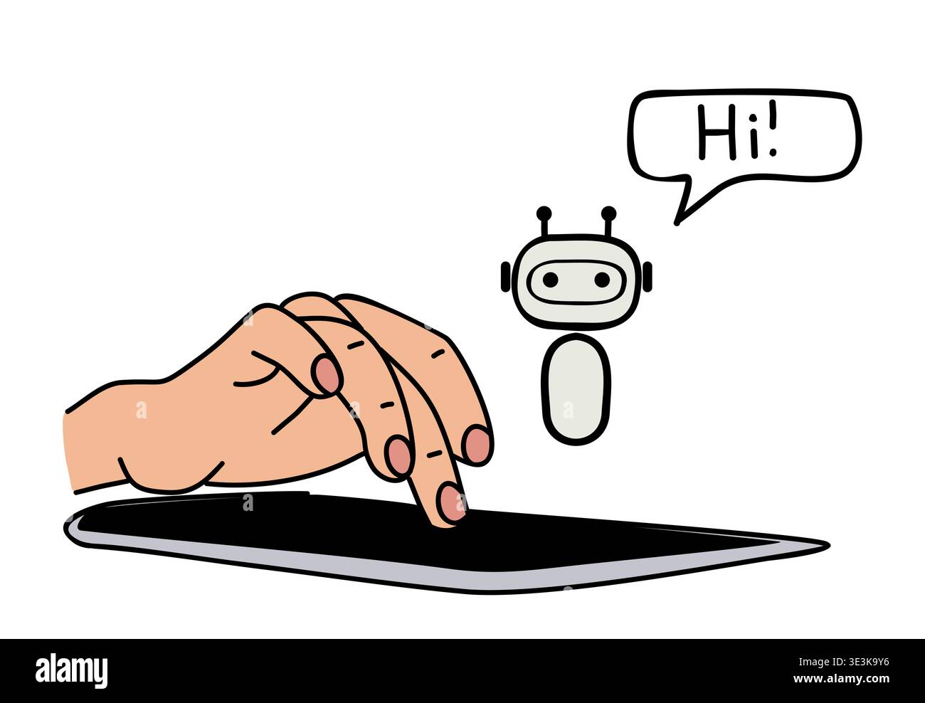 Hand touching a tablet while a friendly AI chatbot Stock Vector