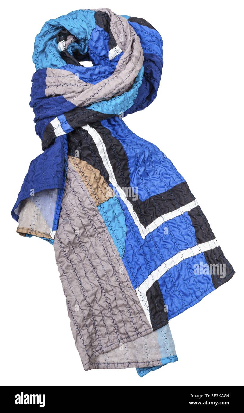 Silk scarf with blue geometric pattern in patchwork style against white background Stock Photo