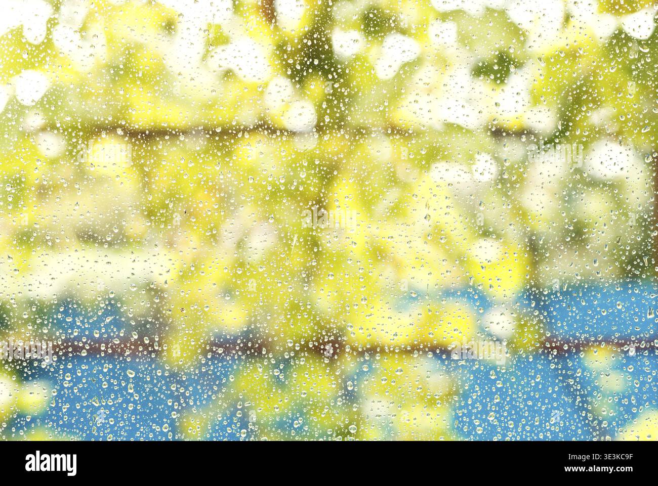 Raindrops on window glass after summer rain background Stock Photo