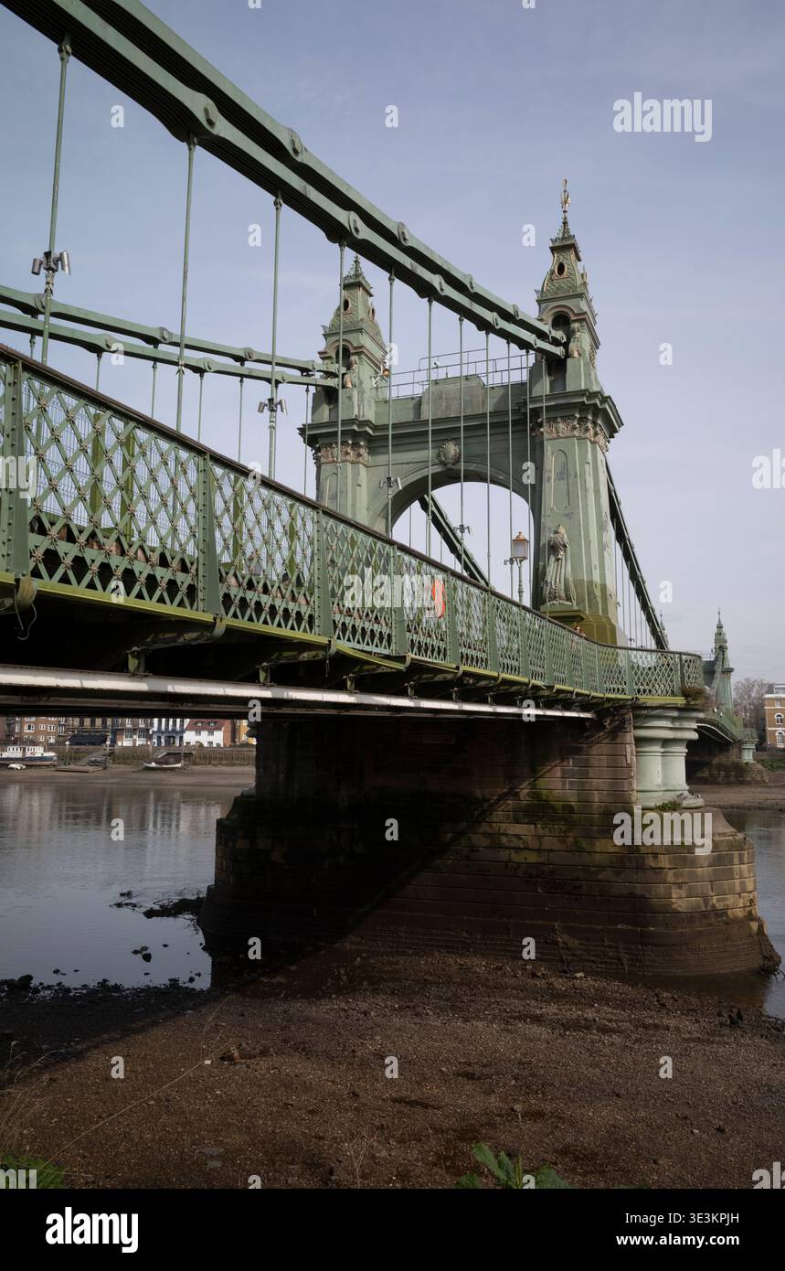 Hammersmith Bridge, built in 1887, is one of the world's oldest suspension bridges, only open to pedestrians & cyclists since 2020, due to fractures. Stock Photo