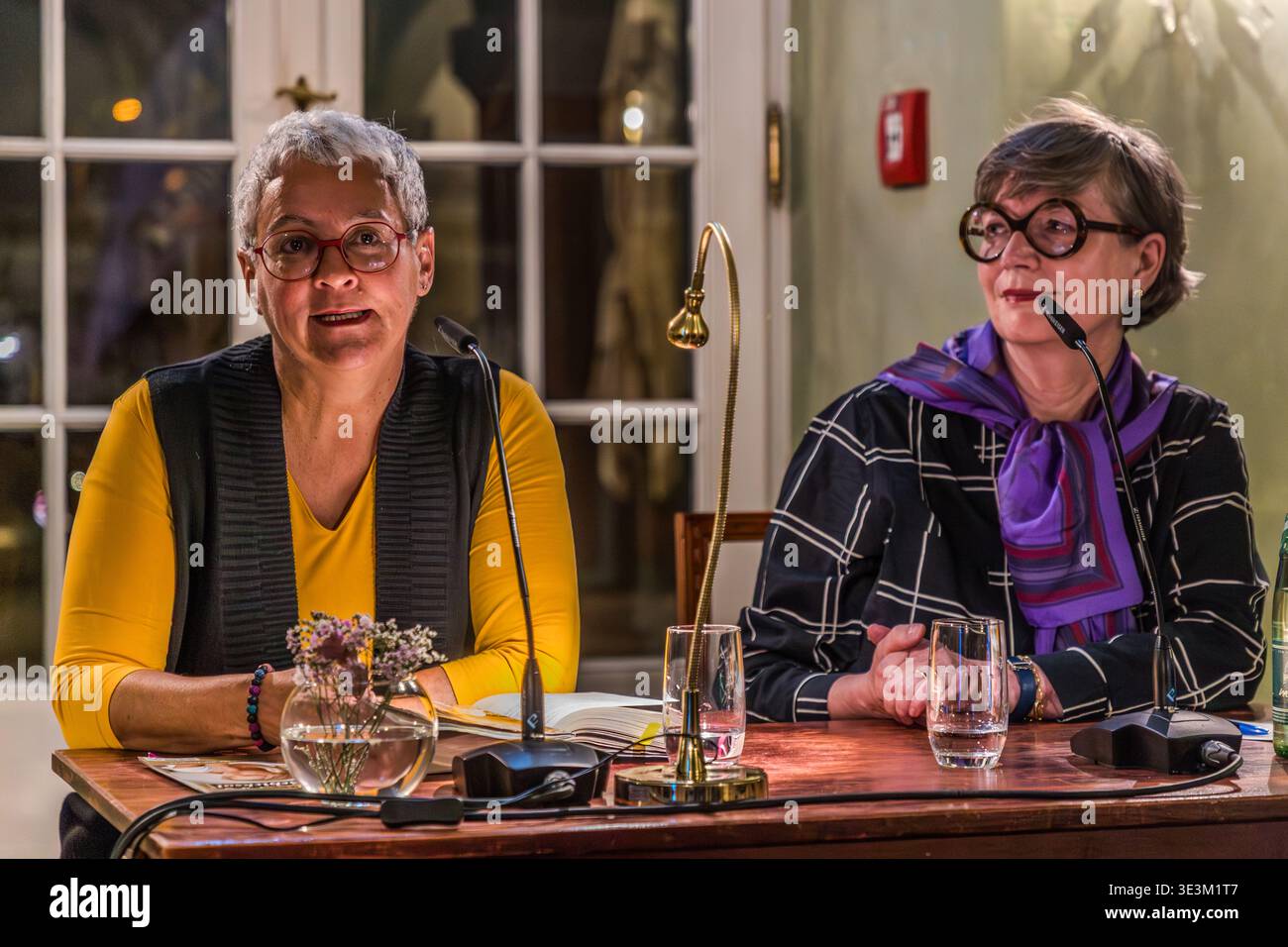 Mona Gabriel (left in the photo) at a reading during the 2026 Leipzig Book Fair with presenter Gudula Kienemund (right). The event will showcase the biographical novel *Ein gutes Ende. Der steinige Weg der Hedwig Courths-Mahler* (A Happy Ending: The Rocky Road of Hedwig Courths-Mahler), published under the pseudonym Clara Bachmann. Leipzig, Saxony, Germany Stock Photo