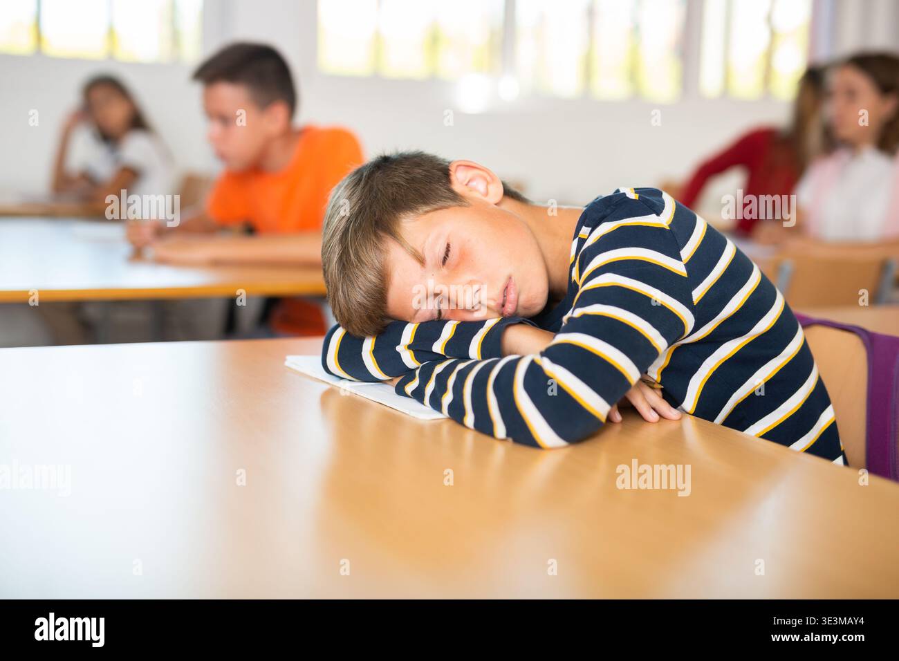 Bored tween schoolboy sleeping at desk in classroom during lesson Stock Photo