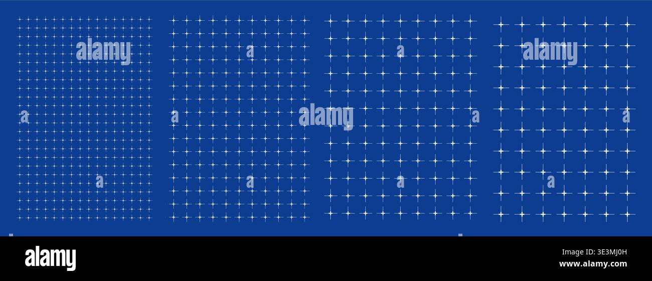 Blueprint grid set compact plus geometry, four scale variations. Wide medium dense micro spacing comparison, engineering layouts dashboards notebook interface planning systems technology graphics Stock Vector