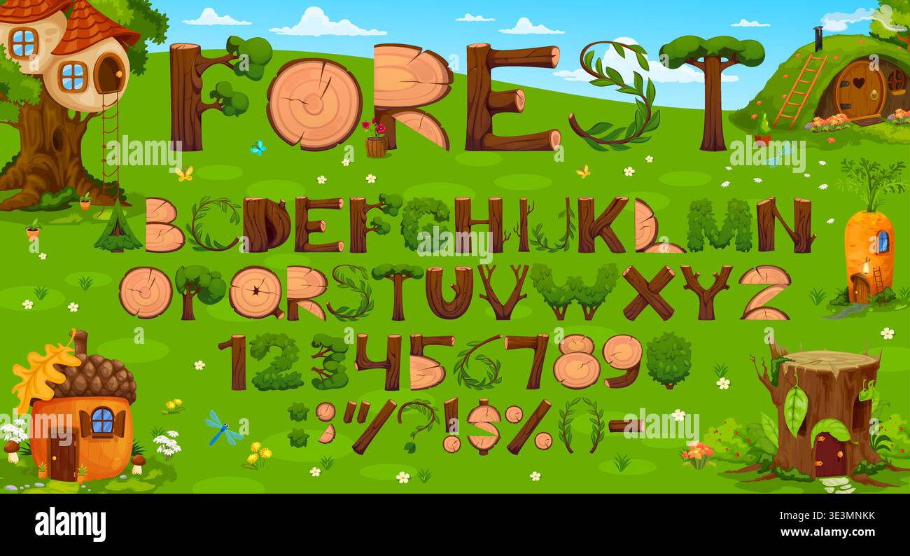Wooden log font, cartoon wood stump and bush typeface. Vector alphabet ...