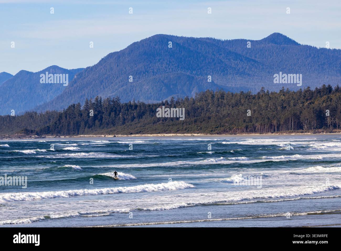 Surfer on Wickaninnish Beach in the Pacific Rim National Park Reserve, Vancouver Island, British Columbia, Canada Stock Photo