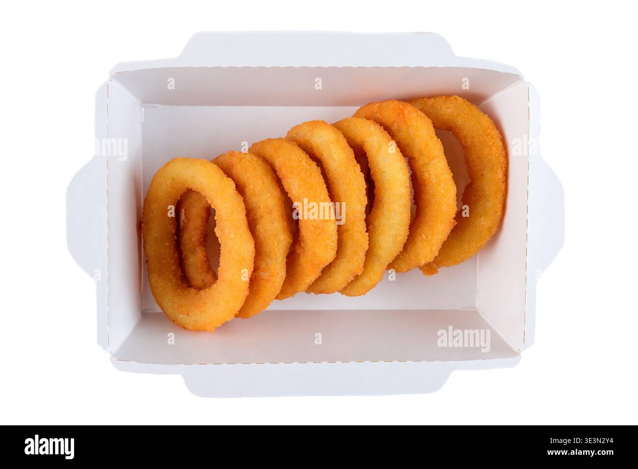 Onion Rings Paper Crispy golden onion ring in white paper takeout container on white ...