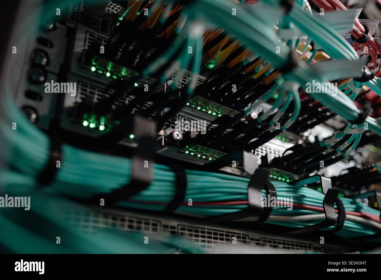 Network Cables and Server Equipment Transmitting Data in Modern Data Center Stock Photo