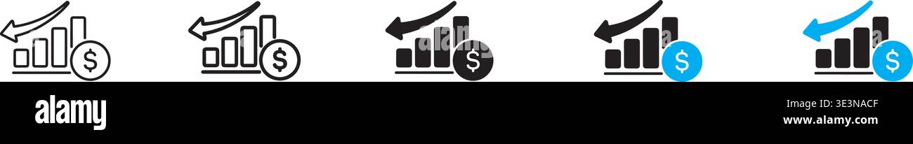 Financial decline analytics icon set with downward arrow and dollar symbol, business loss chart, revenue decrease, negative growth performance concept Stock Vector