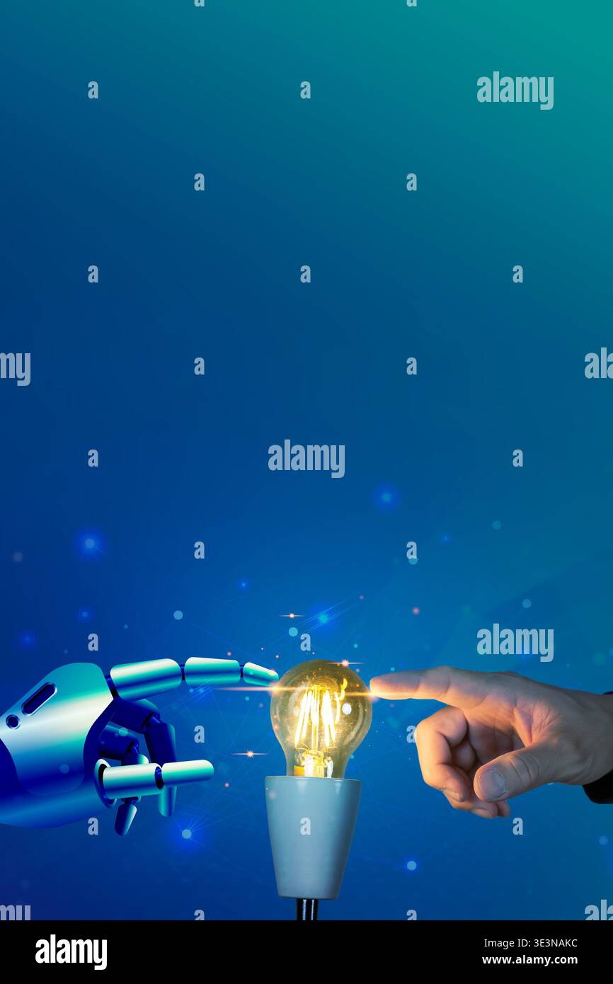 Human finger and robotic hand touching a glowing filament bulb on blue digital background, symbolizing AI collaboration, innovation, smart technology, Stock Photo