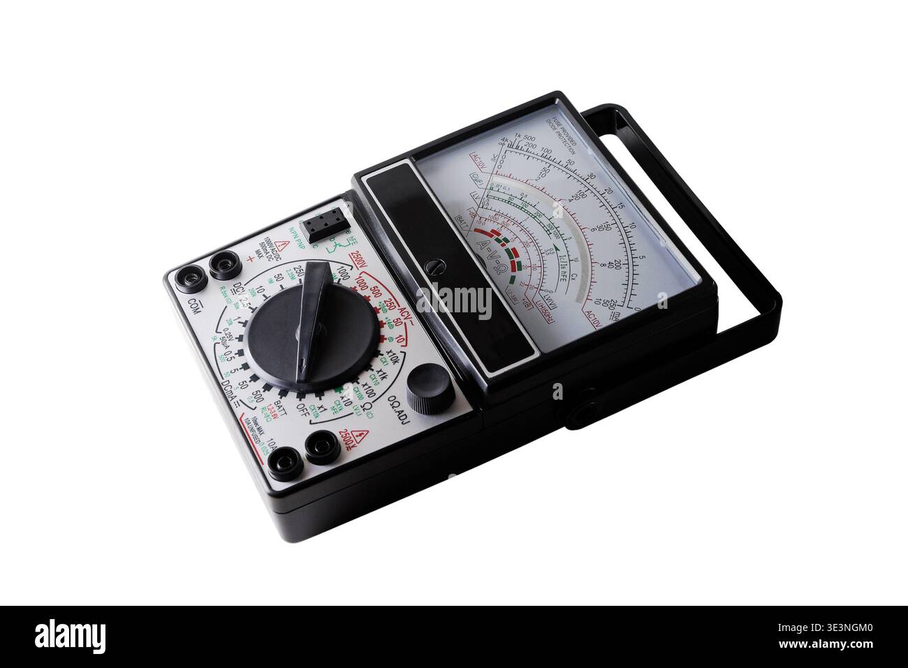Analog pointer multimeter. Close-up. Isolated on white background. Stock Photo