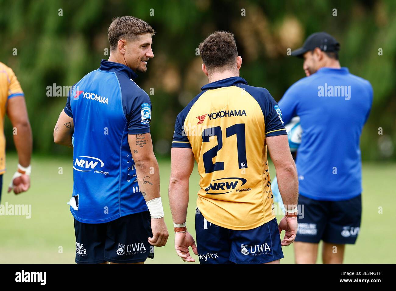Uwa Rugby Zac Lomax talks with a team mate during a Western Force Super Rugby ...