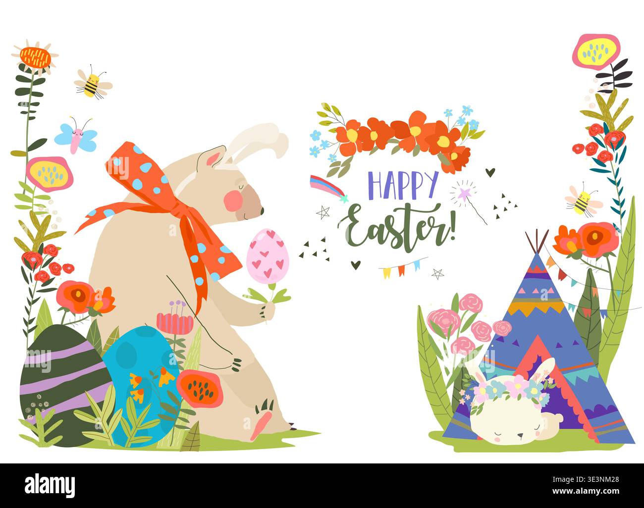 Easter Card with Flowers, Bear and Easter Eggs Stock Vector