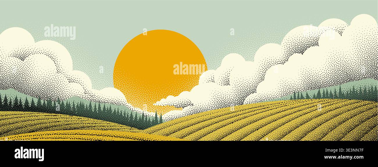 Fields Rolling Hills Farm Landscape Background Stock Vector