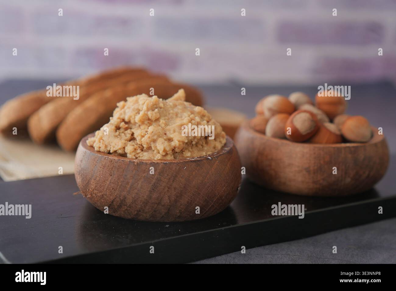 hazelnut spread in a bowl on a table  Stock Photo