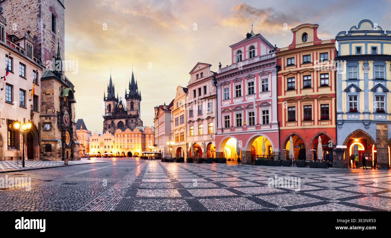 Prague - Old Town Square, Famous Astronomical Clock and Tyn church's tower, Czechia Stock Photo