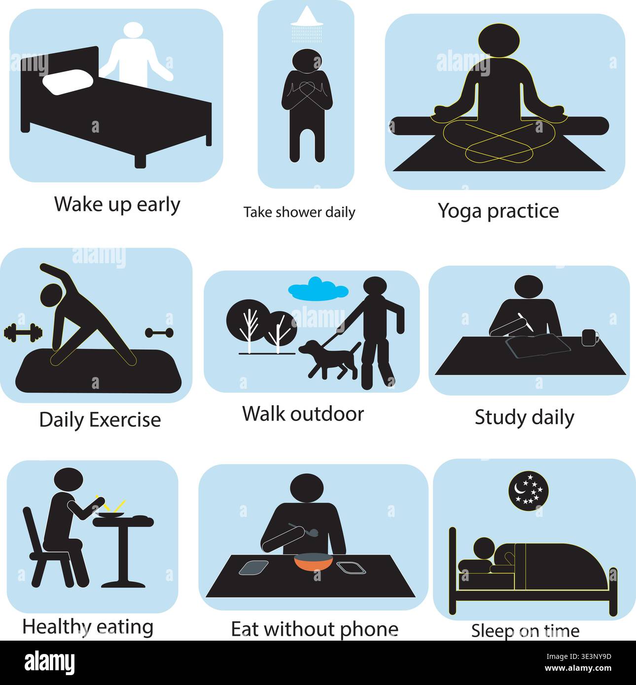 Daily routine concept icons illustrating morning start fitness learning ...