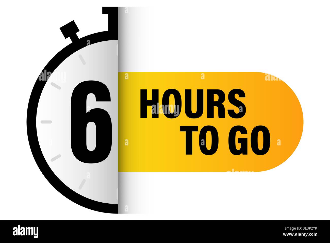 Six hours label. Six 6 Vector. Professional stopwatch banner. Yellow 6 countdown. Manual vector only. No autotrace used. Stock Vector