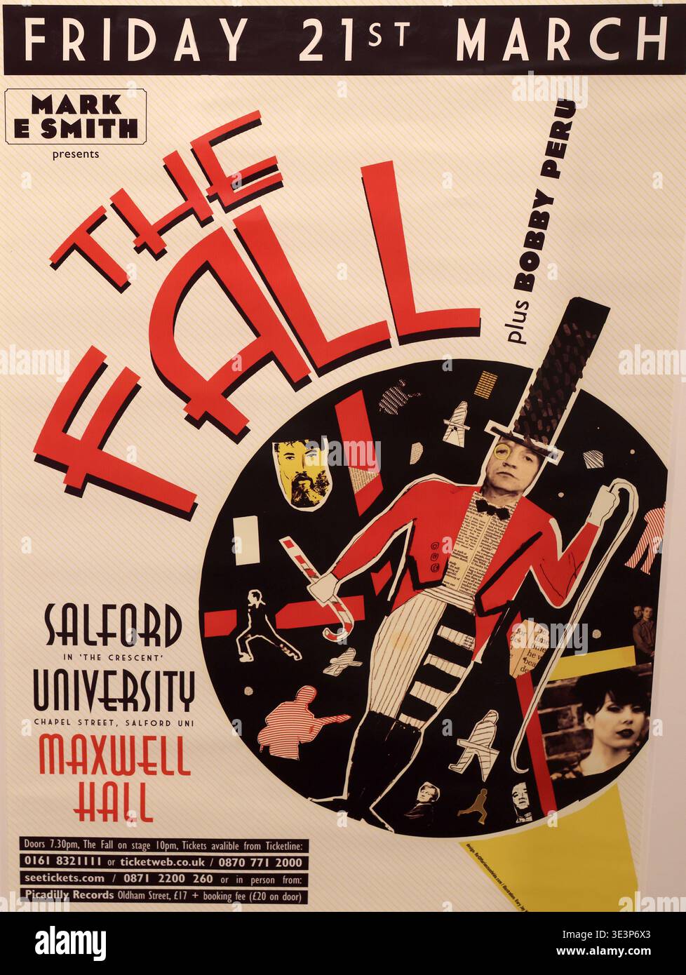 Rare gig poster for The Fall featuring Mark E Smith at Salford University Maxwell Hall for a 21 March 2008 show that was postponed. Stock Photo