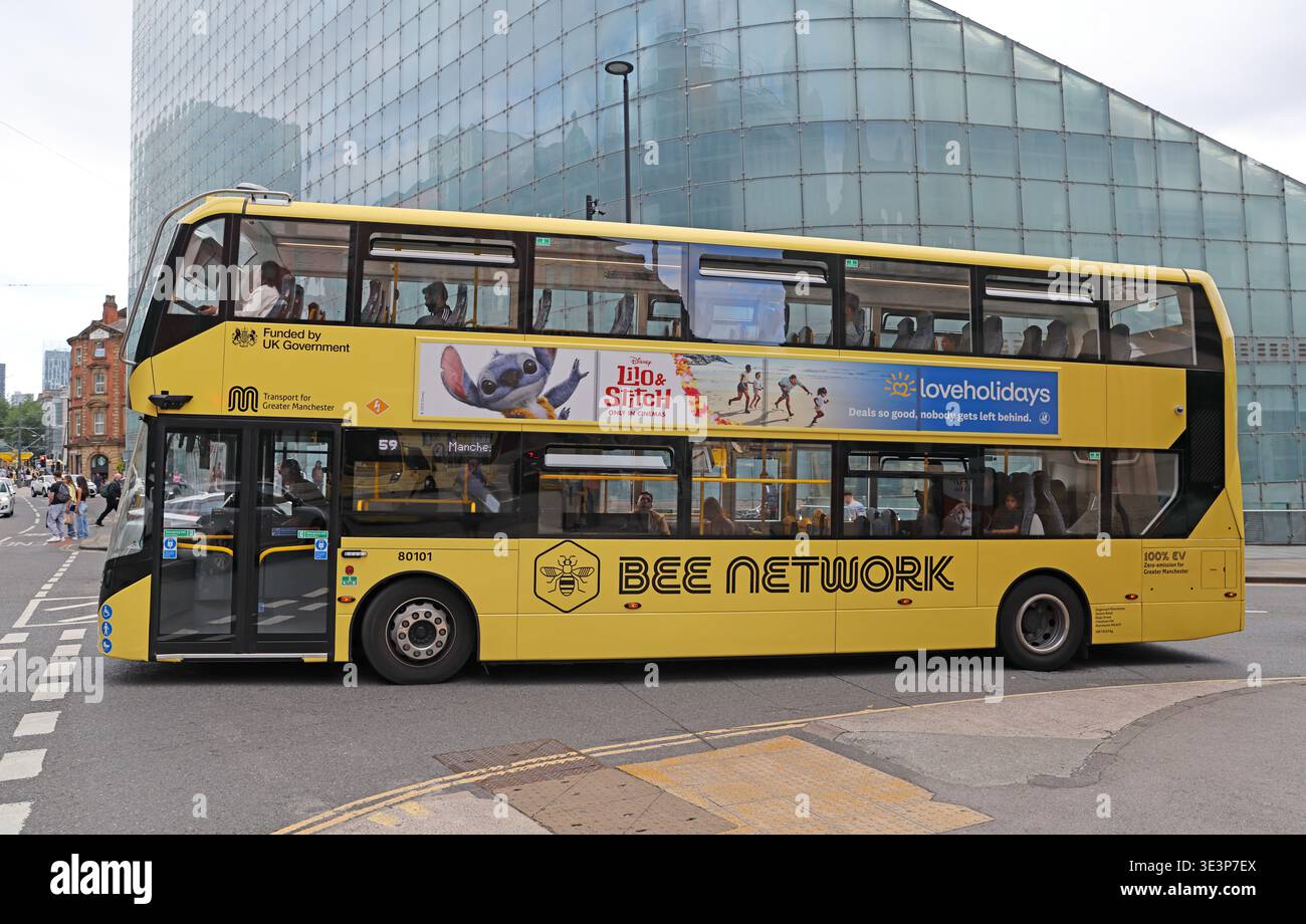 Bee Network electric double decker bus outside the National Football Museum near Manchester Victoria station approach Stock Photo