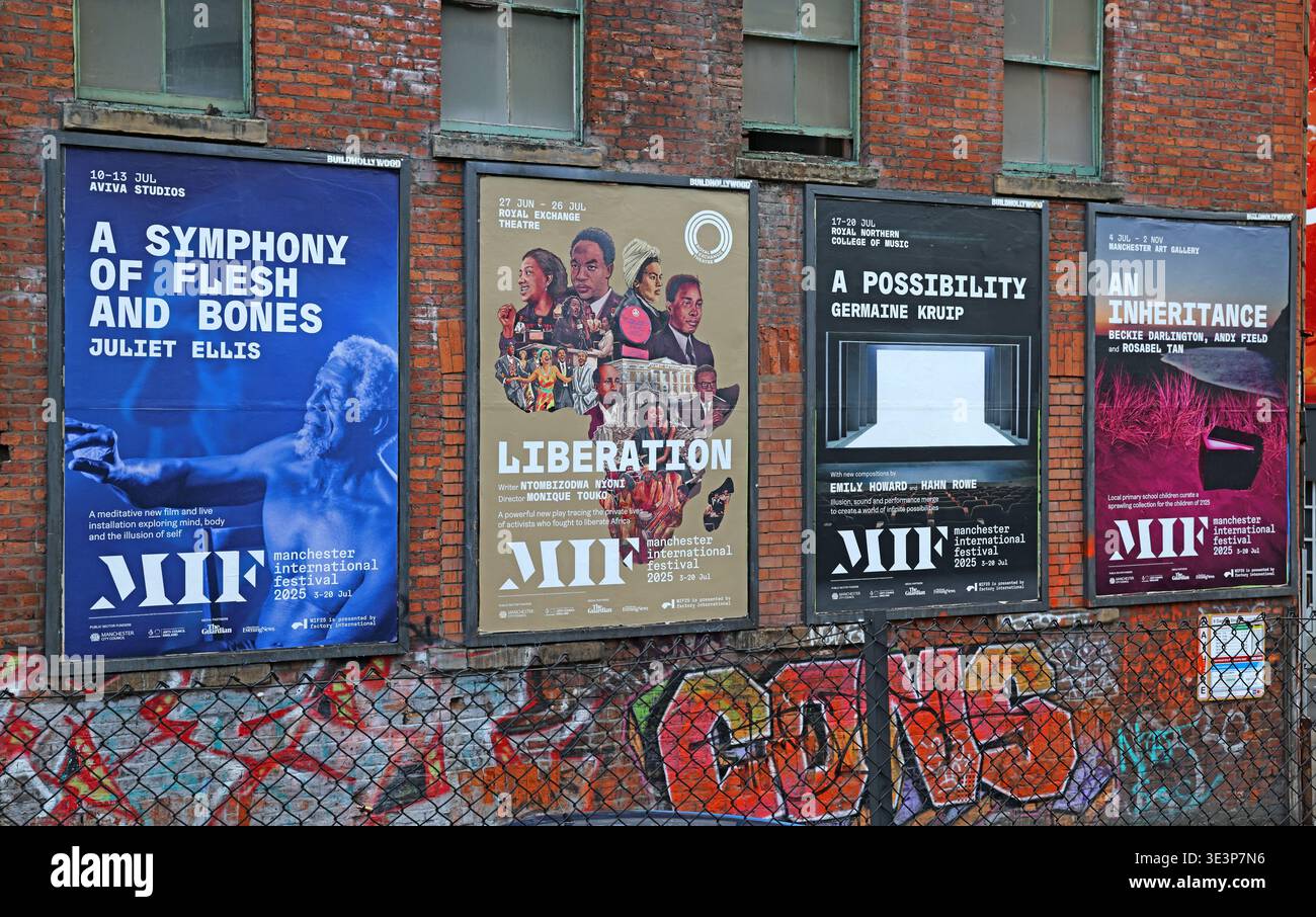 Manchester International Festival 2025 posters near Shudehill tram stop, advertising contemporary art, theatre and culture events. Stock Photo