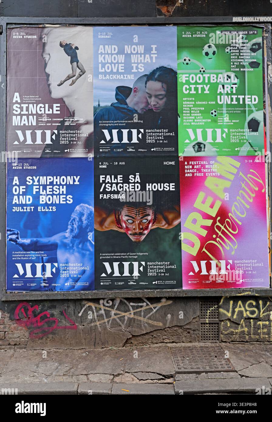Manchester International Festival 2025 posters on a city wall Stock Photo