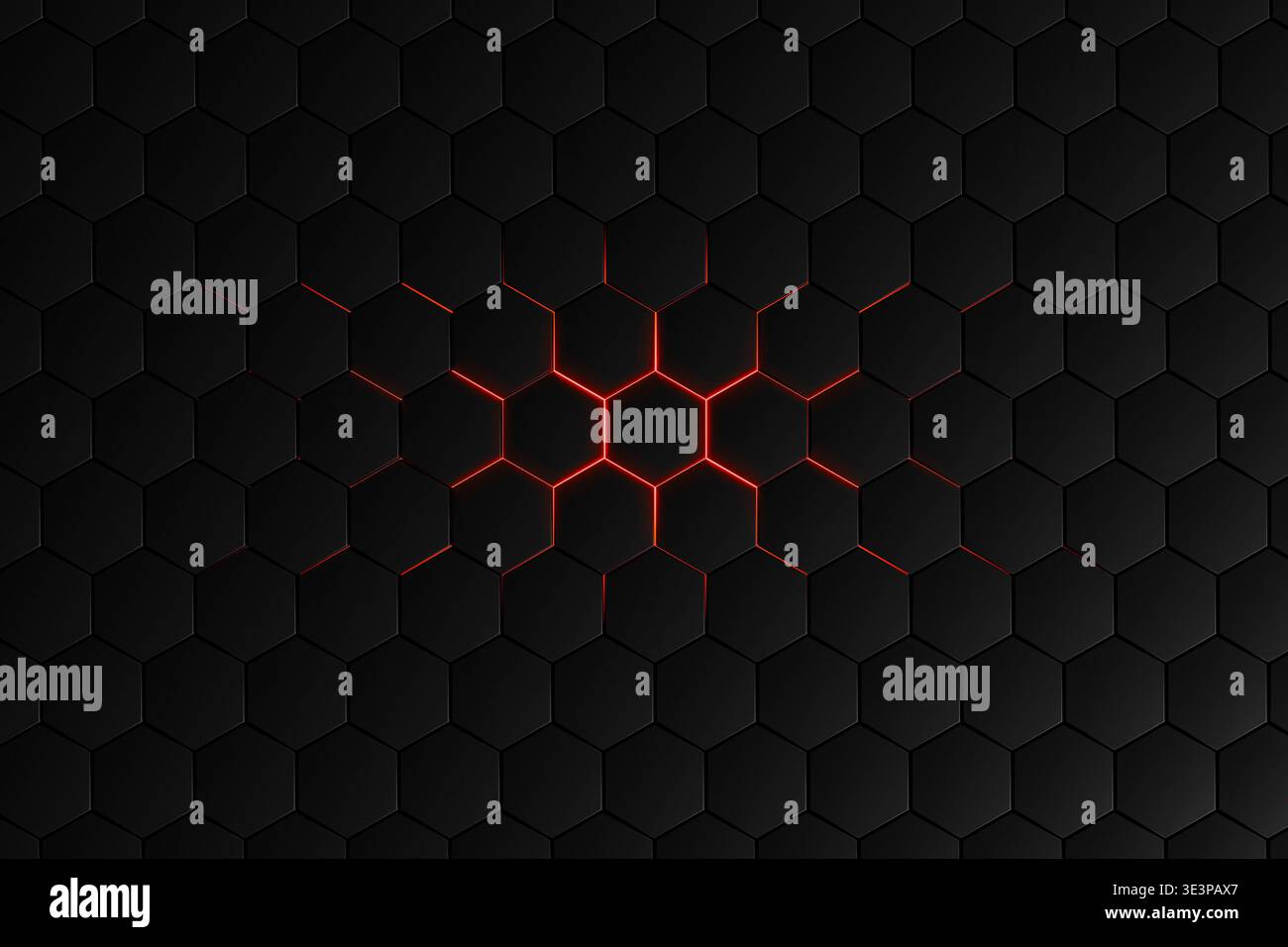 Dark Hexagonal Pattern with Red Glow Center, Abstract Tech Background. High quality photo Stock Photo