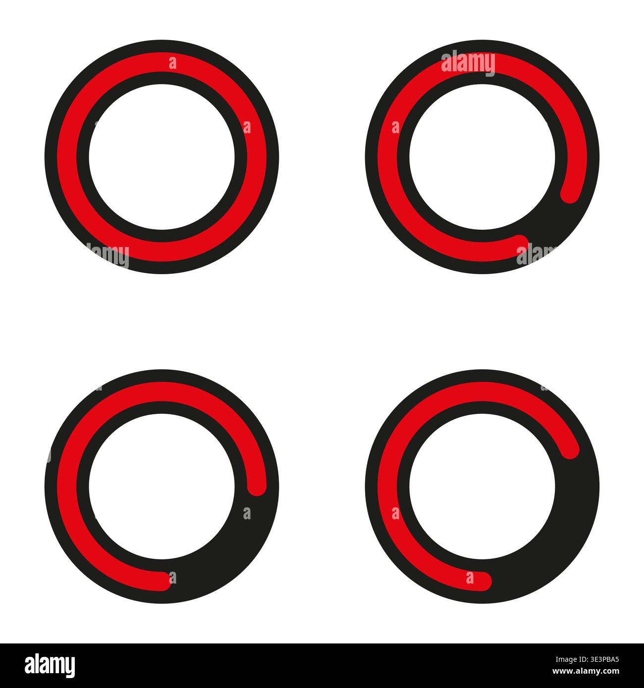 Progress ring set. Circle loader symbol. Red Vector indicator. Loading process detail. Manual vector only. No autotrace used. EPS 10. Stock Vector