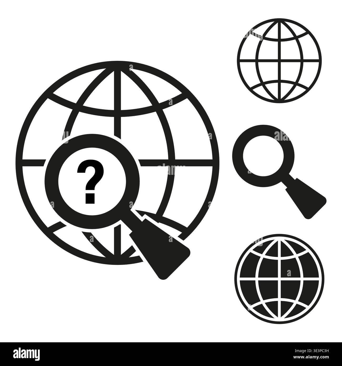 Global search icon. World discovery symbol. Question Vector sign. Information find design. Manual vector only. No autotrace used. EPS 10. Stock Vector